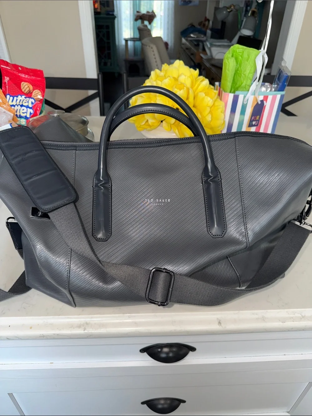 Ted Baker Charcoal Gray Textured Duffel with Shoulder Strap